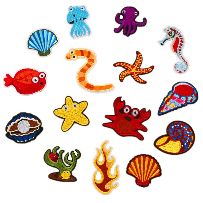 Zhiheng Assorted 27pcs Marine Creatures Iron on Patches Shark Whale Dolphin Clams Shell Crabs Seahorses Starfish Manta Ray Octopus Embroidered Patches Appliques Decorative Repair Patches DIY Sew on Motif - Image 3